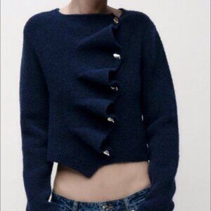 ZARA  Midnight Blue Asymmetrical Cardigan with Silver buttons Size XL